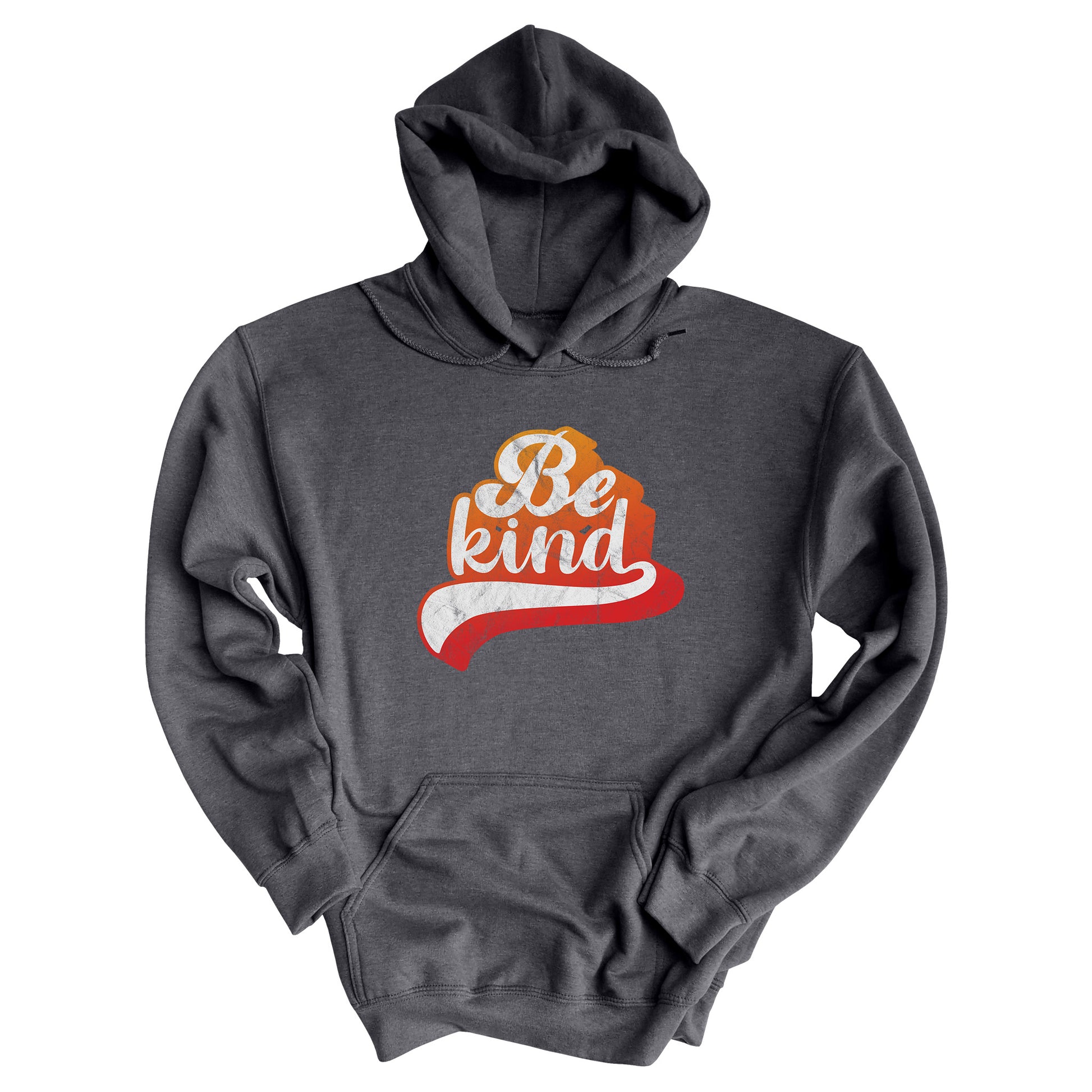 Dark Heather color hoodie that says, “Be Kind” in a script font that is an orange gradient color. The “d” has a unique swoosh glyph extending below the word, adding a dynamic and flowing aesthetic to the text.