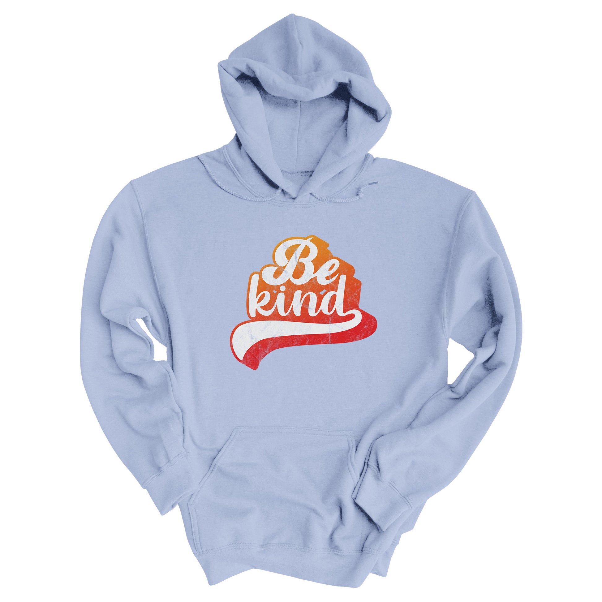 Light Blue color hoodie that says, “Be Kind” in a script font that is an orange gradient color. The “d” has a unique swoosh glyph extending below the word, adding a dynamic and flowing aesthetic to the text.