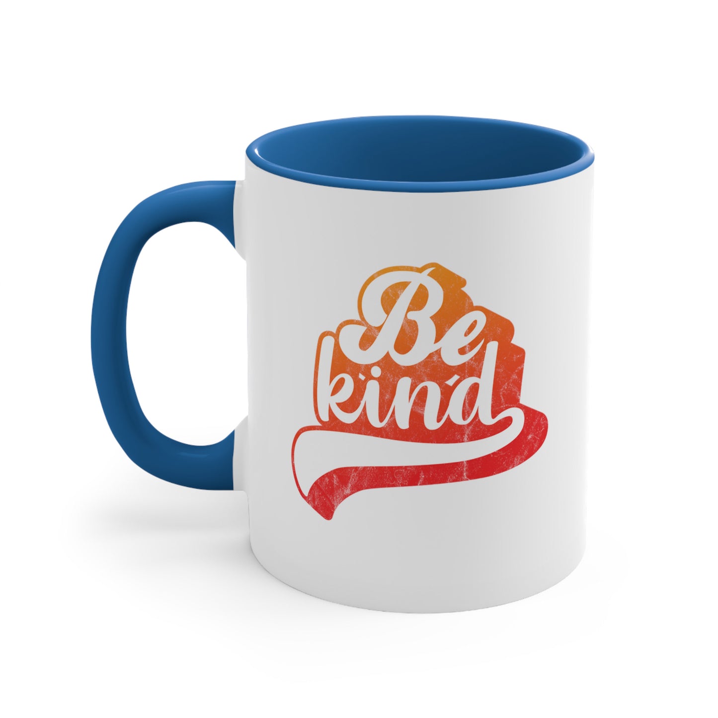 11oz ceramic mug with a blue handle and interior that says, “Be Kind” in a script font that is an orange gradient color. The “d” has a unique swoosh glyph extending below the word, adding a dynamic and flowing aesthetic to the text.