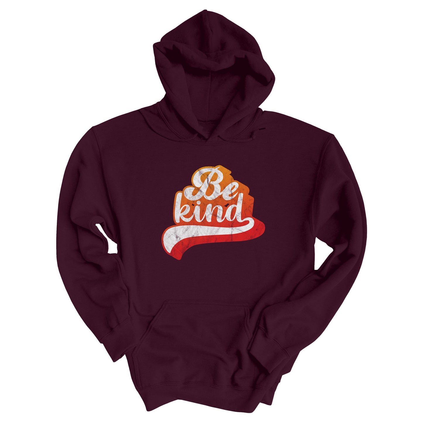 Maroon color hoodie that says, “Be Kind” in a script font that is an orange gradient color. The “d” has a unique swoosh glyph extending below the word, adding a dynamic and flowing aesthetic to the text.