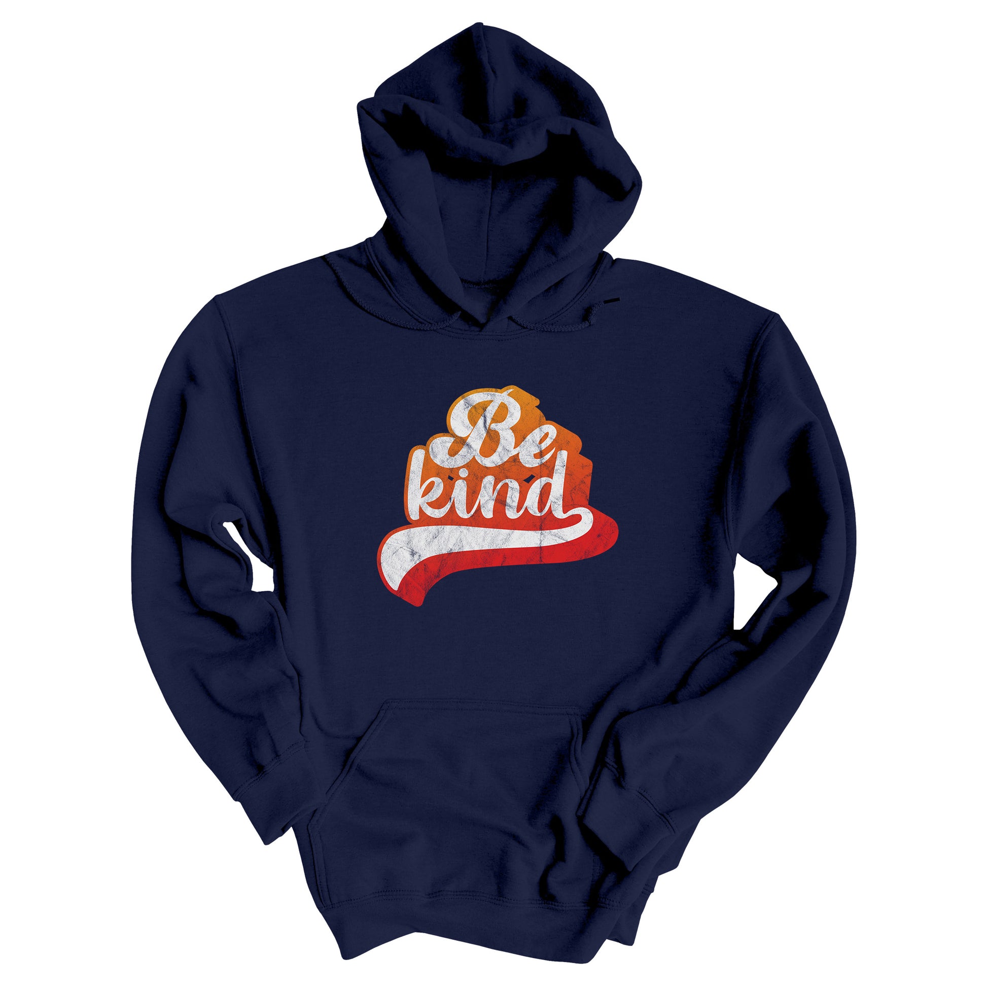 Navy Blue hoodie that says, “Be Kind” in a script font that is an orange gradient color. The “d” has a unique swoosh glyph extending below the word, adding a dynamic and flowing aesthetic to the text.