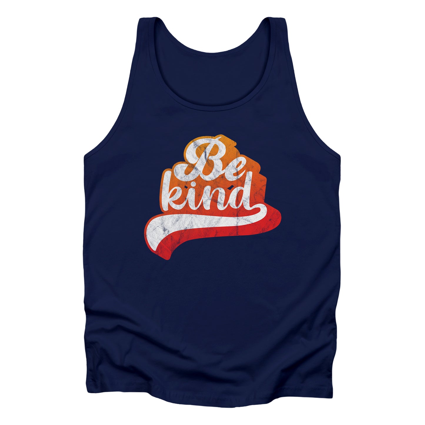 Navy Blue unisex tank top that says, “Be Kind” in a script font that is an orange gradient color. The “d” has a unique swoosh glyph extending below the word, adding a dynamic and flowing aesthetic to the text.