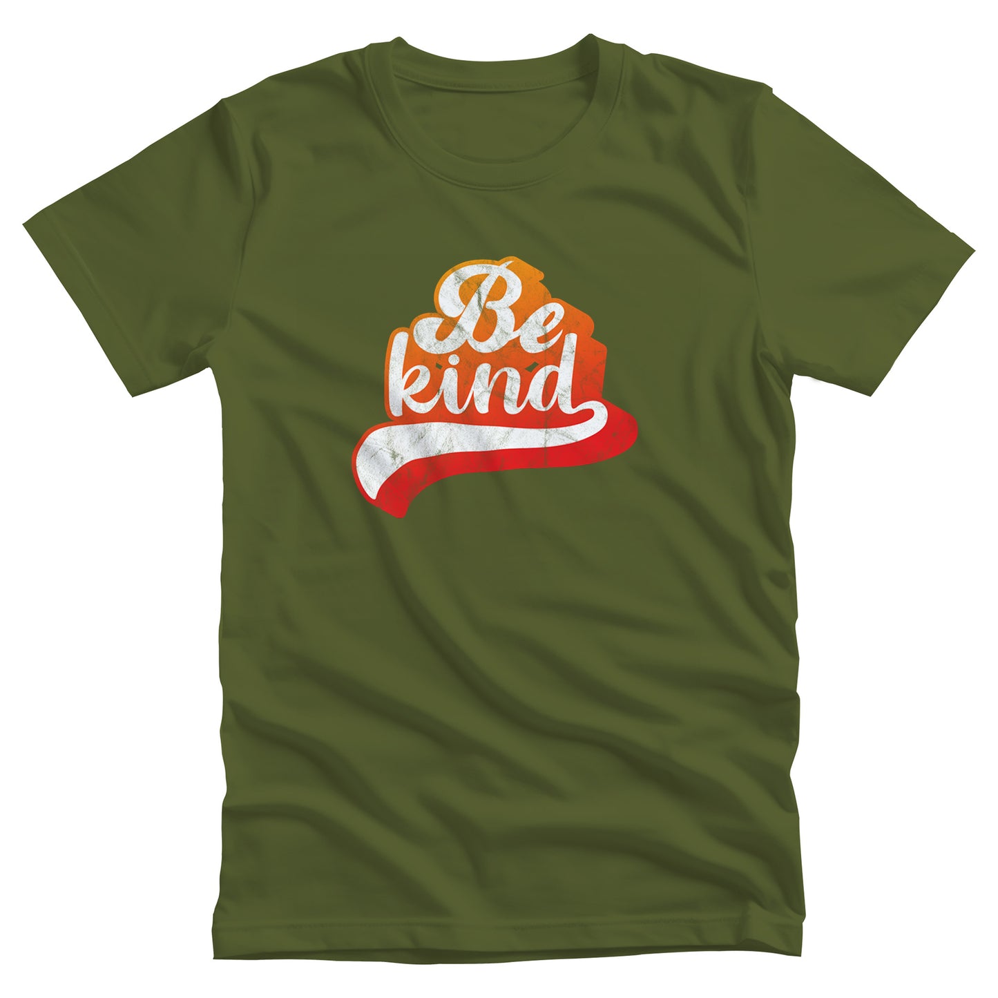 Olive color unisex t-shirt that says, “Be Kind” in a script font that is an orange gradient color. The “d” has a unique swoosh glyph extending below the word, adding a dynamic and flowing aesthetic to the text.