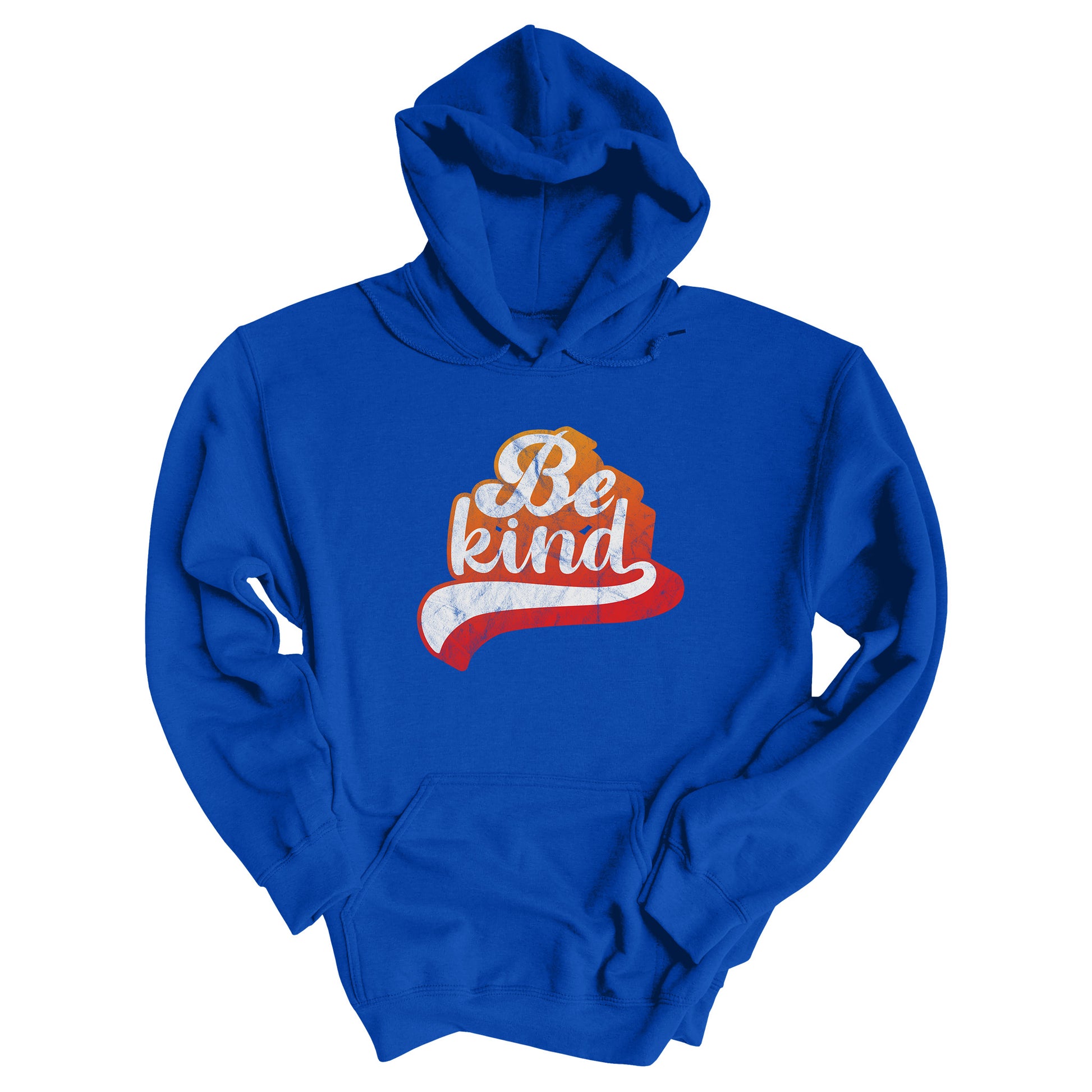 Royal color hoodie that says, “Be Kind” in a script font that is an orange gradient color. The “d” has a unique swoosh glyph extending below the word, adding a dynamic and flowing aesthetic to the text.