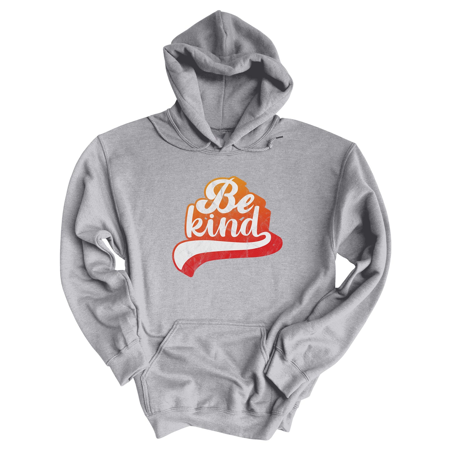 Sport Grey color hoodie that says, “Be Kind” in a script font that is an orange gradient color. The “d” has a unique swoosh glyph extending below the word, adding a dynamic and flowing aesthetic to the text.