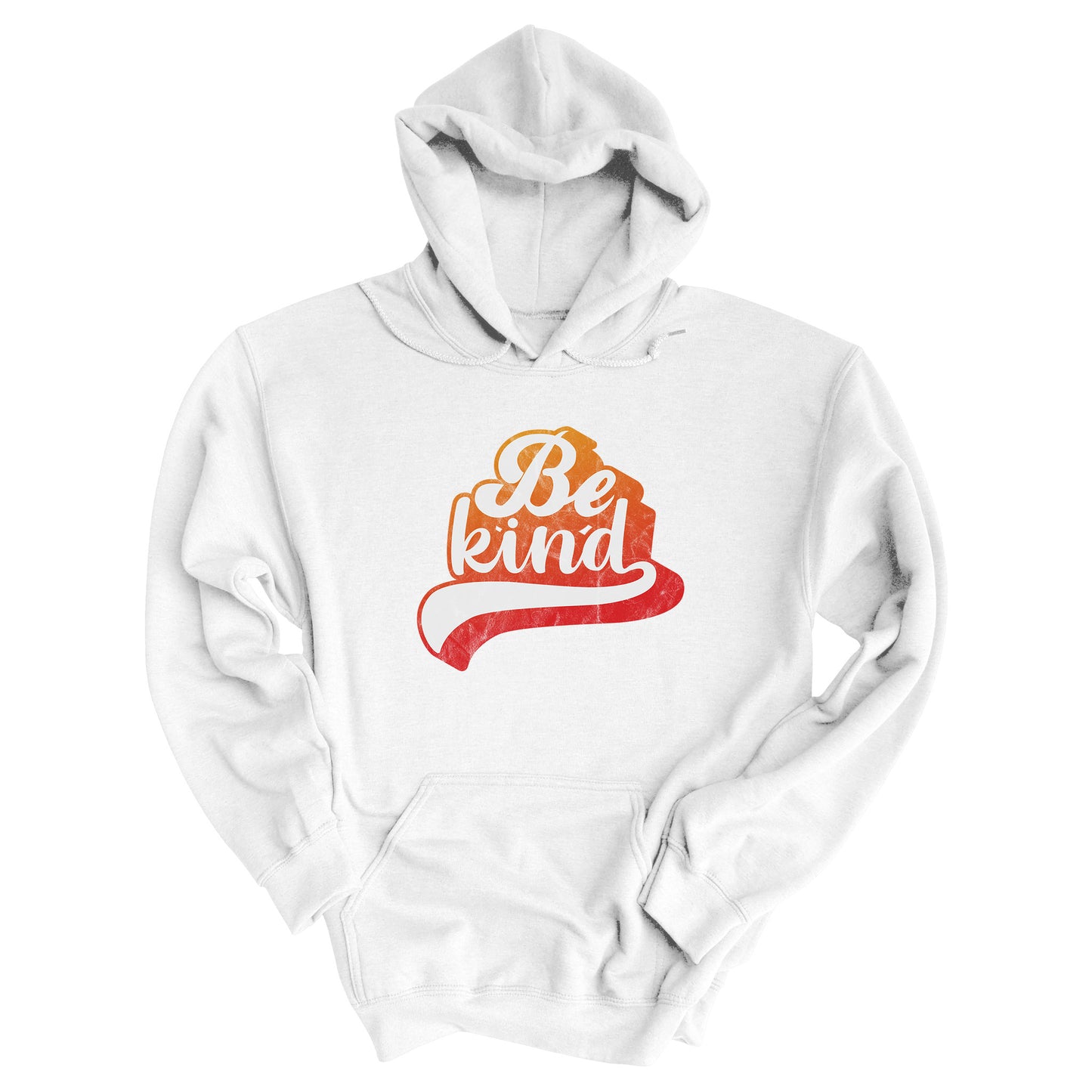 White hoodie that says, “Be Kind” in a script font that is an orange gradient color. The “d” has a unique swoosh glyph extending below the word, adding a dynamic and flowing aesthetic to the text.