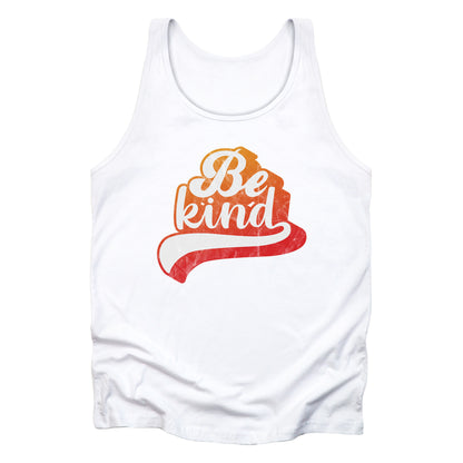 White unisex tank top that says, “Be Kind” in a script font that is an orange gradient color. The “d” has a unique swoosh glyph extending below the word, adding a dynamic and flowing aesthetic to the text.