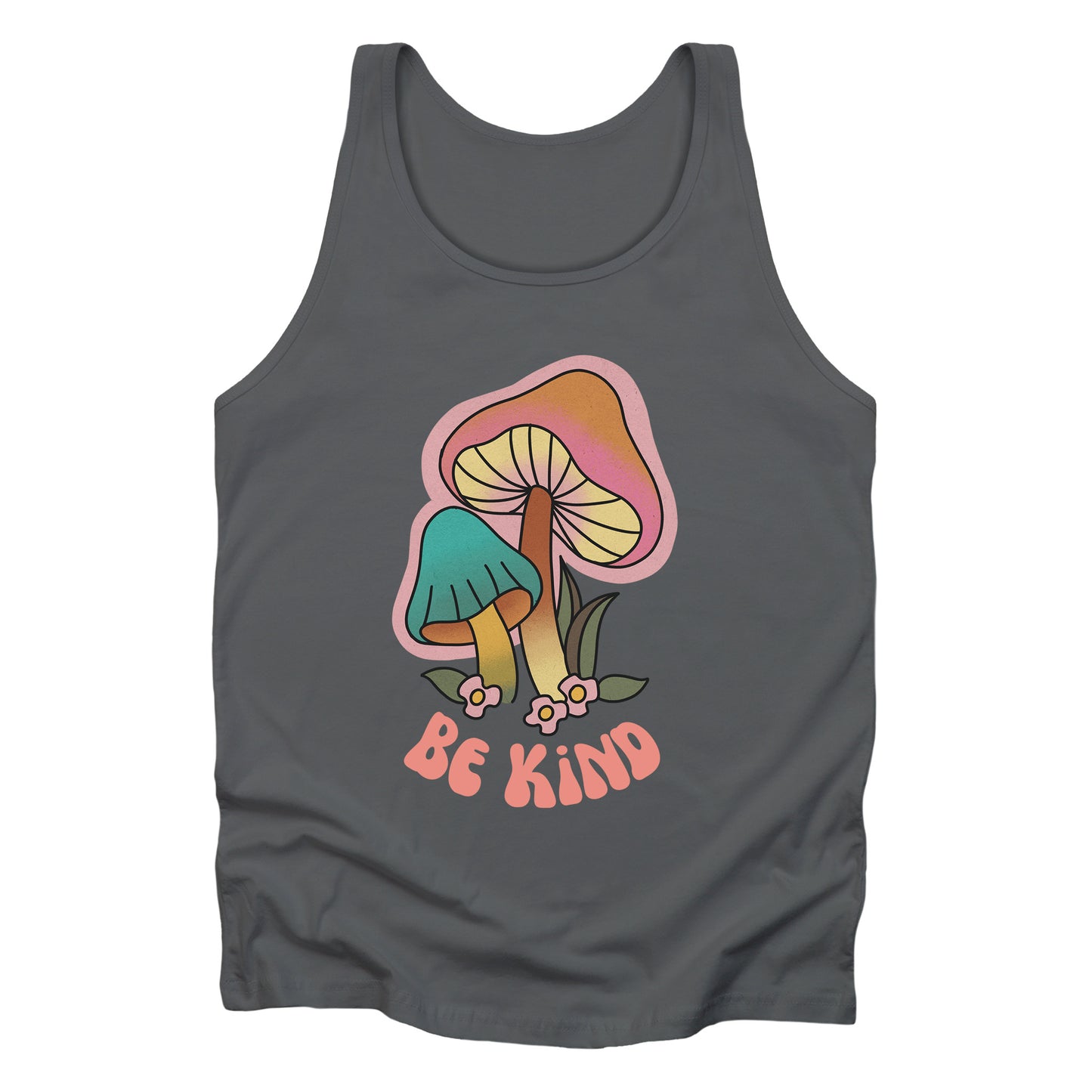 Asphalt color unisex tank top that says “Be Kind” in a retro font with two retro mushrooms above the text. The text is slightly arched down.