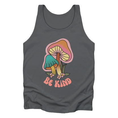 Asphalt color unisex tank top that says “Be Kind” in a retro font with two retro mushrooms above the text. The text is slightly arched down.