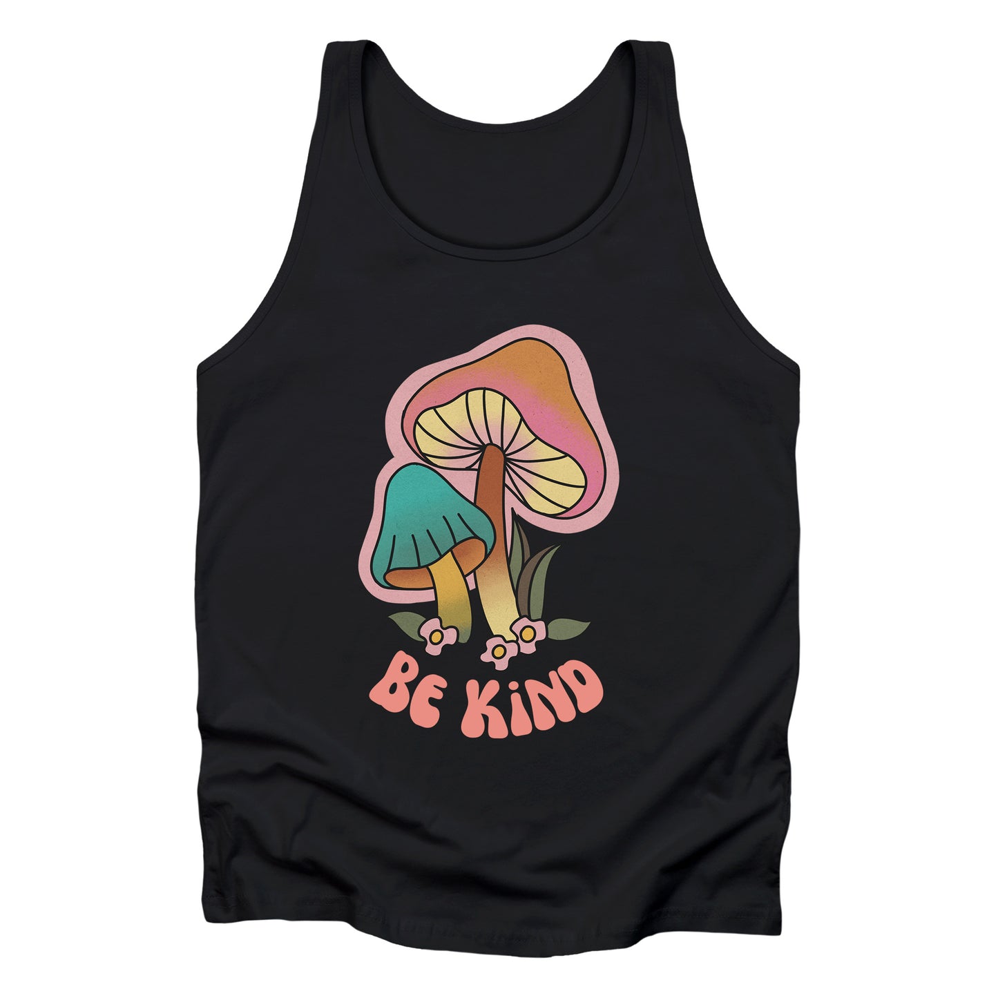 Black unisex tank top that says “Be Kind” in a retro font with two retro mushrooms above the text. The text is slightly arched down.