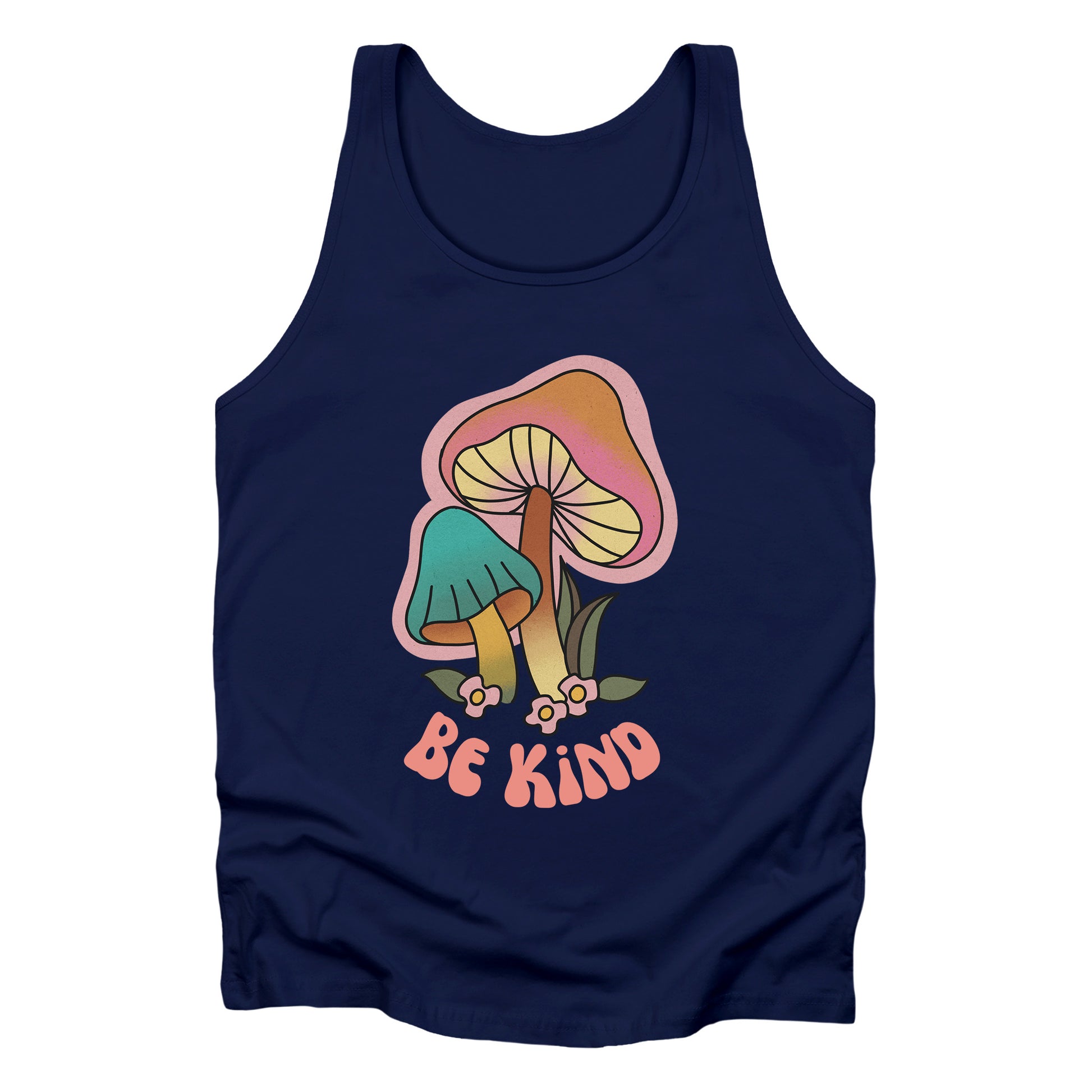 Navy Blue unisex tank top that says “Be Kind” in a retro font with two retro mushrooms above the text. The text is slightly arched down.