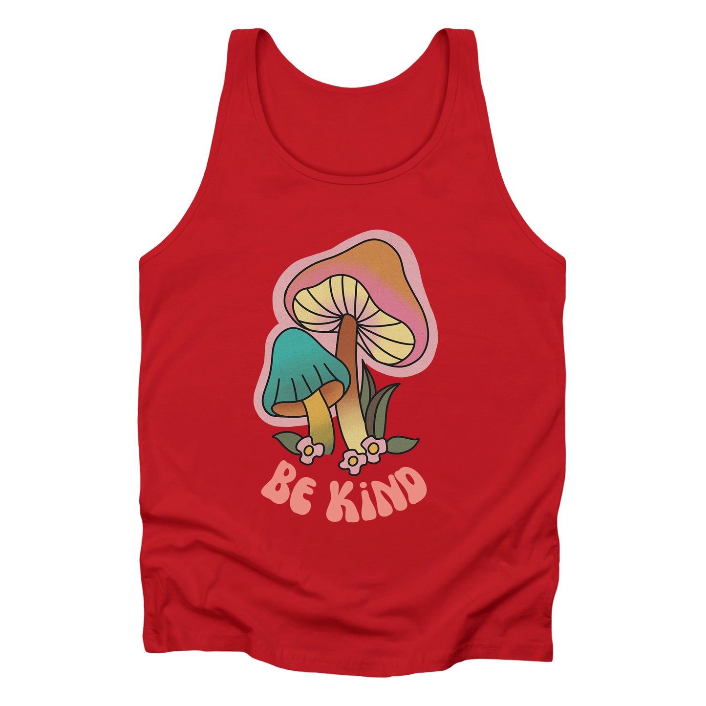 Red unisex tank top that says “Be Kind” in a retro font with two retro mushrooms above the text. The text is slightly arched down.