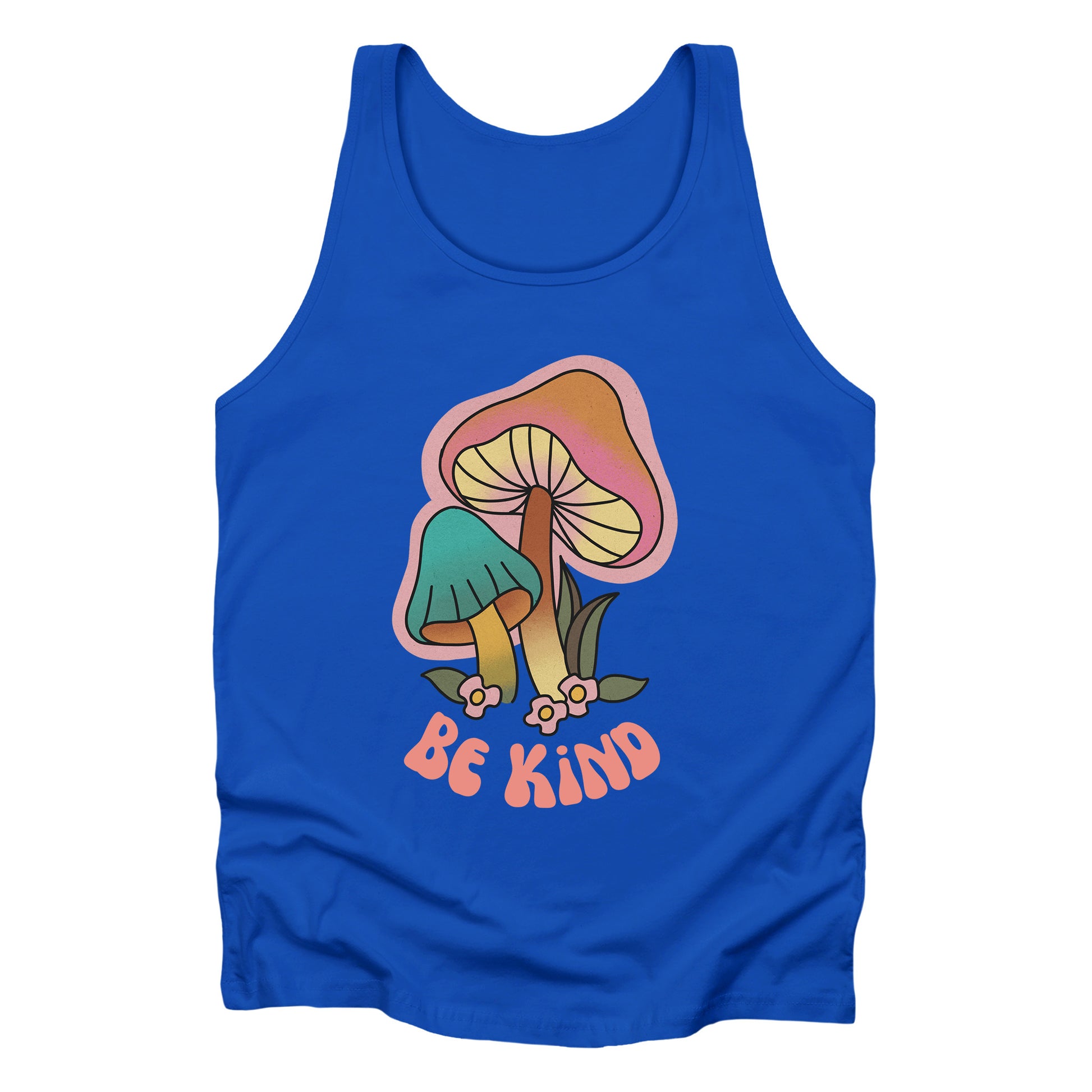 True Royal color unisex tank top that says “Be Kind” in a retro font with two retro mushrooms above the text. The text is slightly arched down.