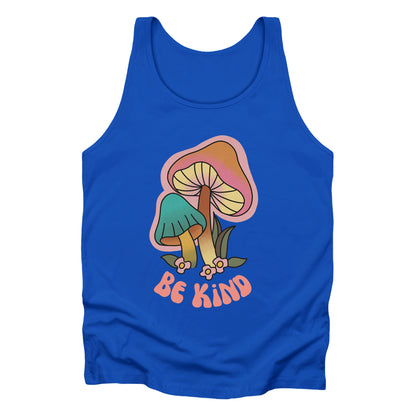 True Royal color unisex tank top that says “Be Kind” in a retro font with two retro mushrooms above the text. The text is slightly arched down.