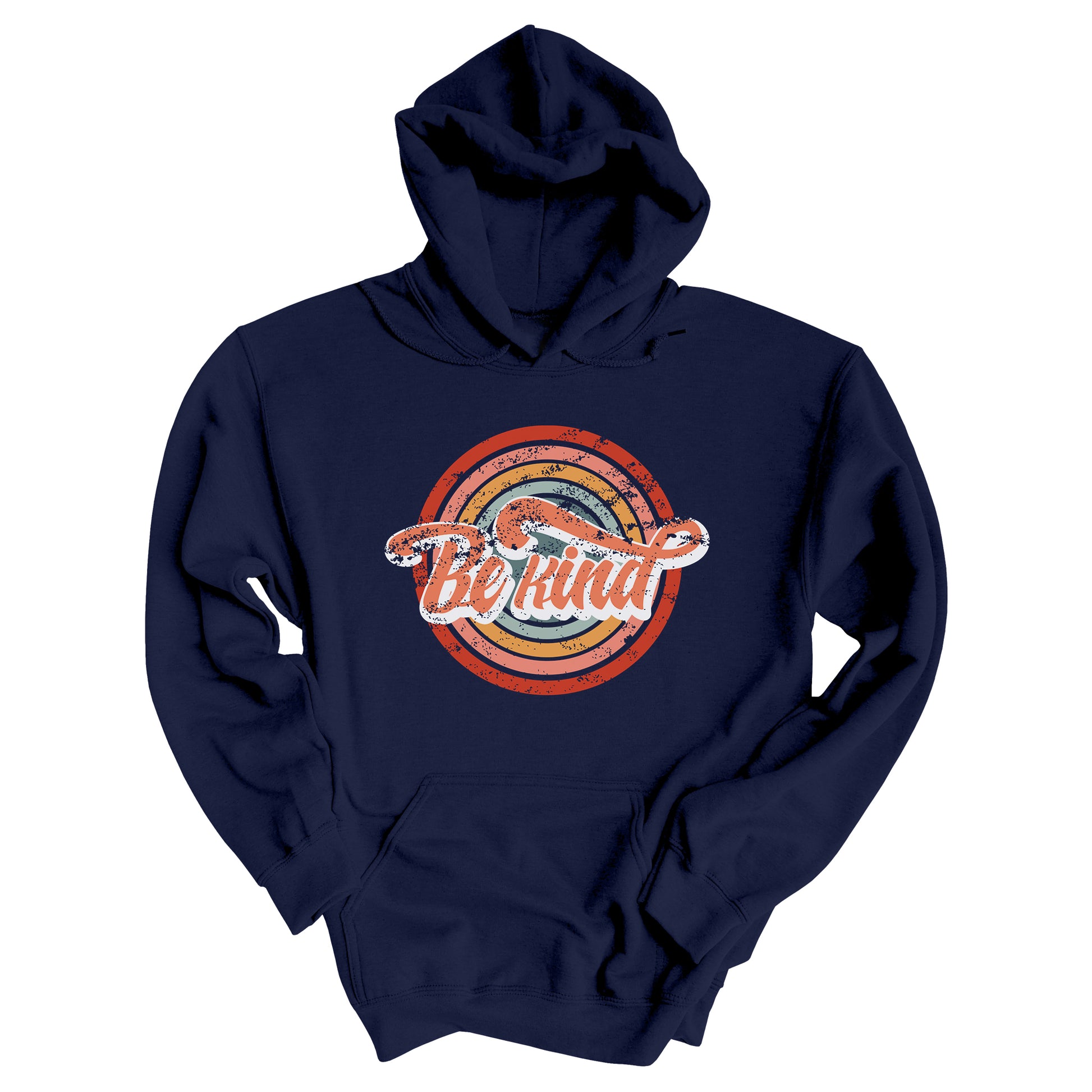 Navy Blue unisex hoodie with a graphic that says “Be Kind.” There is a retro-colored circular rainbow behind it. The text is outlined in white and has a long swoosh that swirls from the end of the letter “d” across the entire word “kind.”