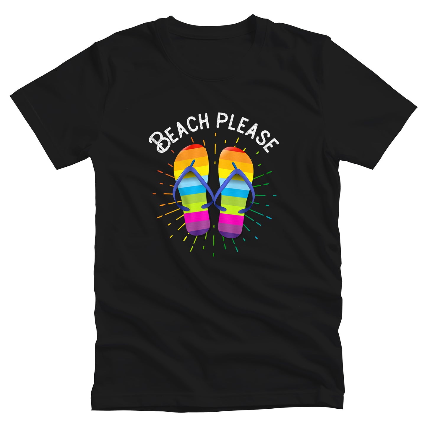 Black color unisex t-shirt that says, “BEACH PLEASE” arched over a graphic of rainbow-colored flip flops with a rainbow gradient starburst behind it.