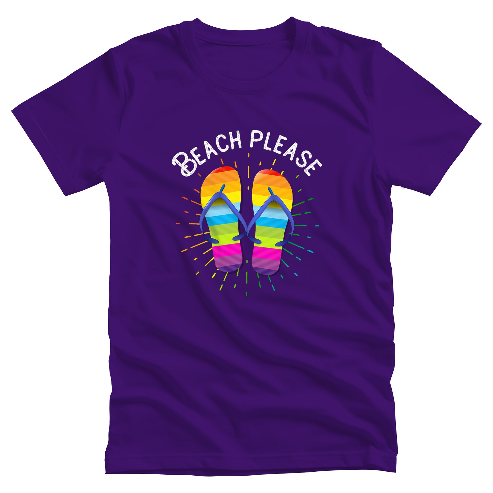 Team Purple color unisex t-shirt that says, “BEACH PLEASE” arched over a graphic of rainbow-colored flip flops with a rainbow gradient starburst behind it.