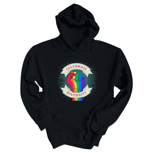 Black unisex hoodie that says “Celebrate Diversity.” There is a rainbow-striped fist in the center of the graphic with “Celebrate” being arched over the top on a beige ribbon and “Diversity” arched under the bottom, aslo on a beige ribbon. There is a light blue-ish starburst behind the fist.