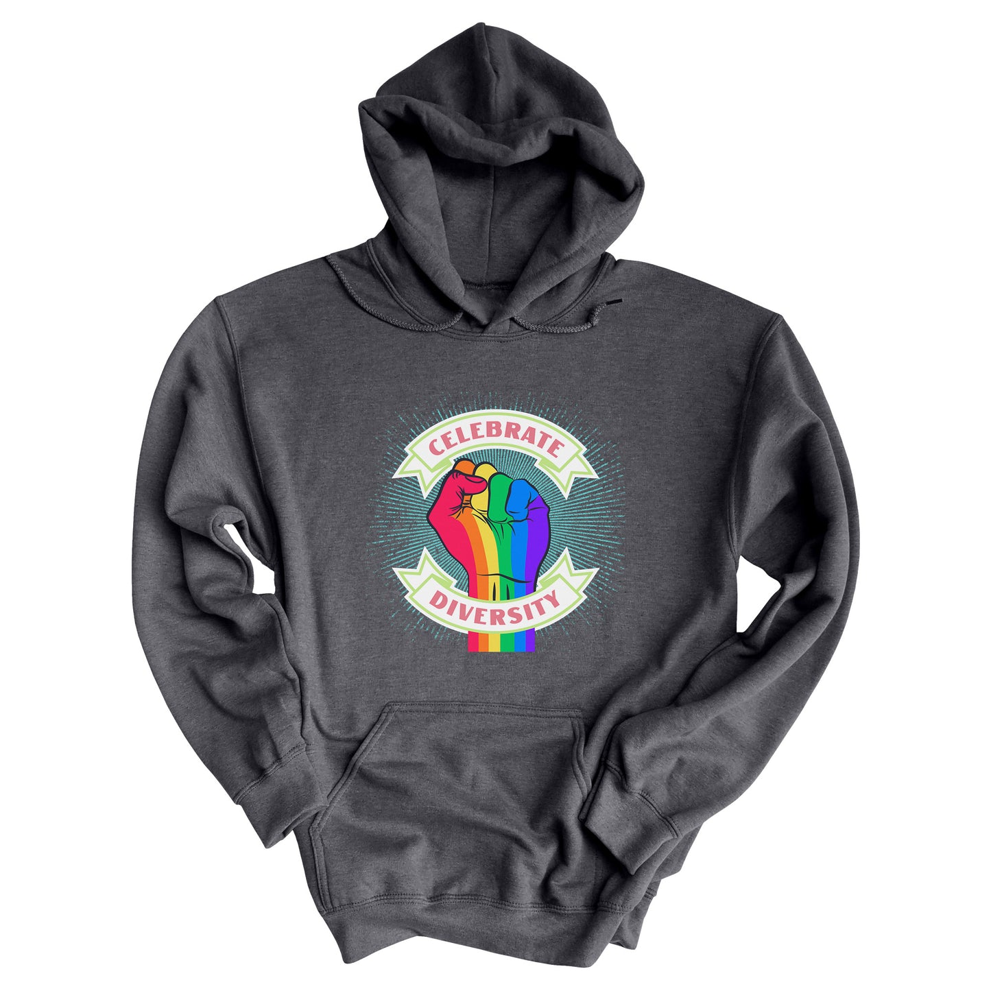 Dark Heather color unisex hoodie that says “Celebrate Diversity.” There is a rainbow-striped fist in the center of the graphic with “Celebrate” being arched over the top on a beige ribbon and “Diversity” arched under the bottom, aslo on a beige ribbon. There is a light blue-ish starburst behind the fist.