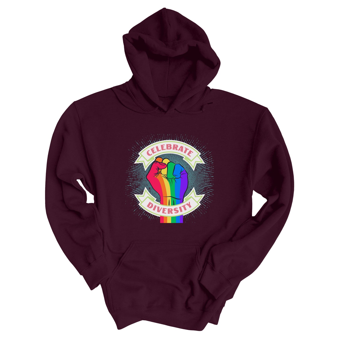 Maroon unisex hoodie that says “Celebrate Diversity.” There is a rainbow-striped fist in the center of the graphic with “Celebrate” being arched over the top on a beige ribbon and “Diversity” arched under the bottom, aslo on a beige ribbon. There is a light blue-ish starburst behind the fist.