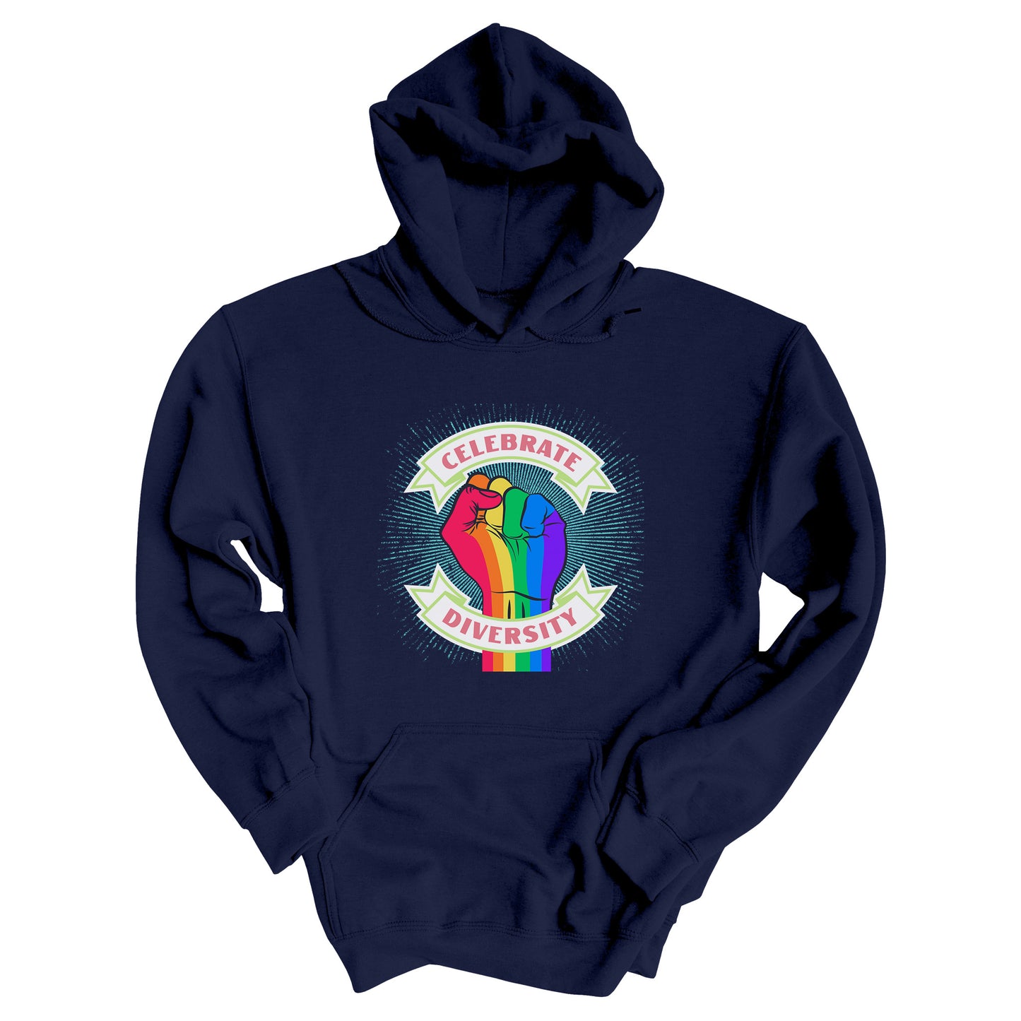 Navy Blue unisex hoodie that says “Celebrate Diversity.” There is a rainbow-striped fist in the center of the graphic with “Celebrate” being arched over the top on a beige ribbon and “Diversity” arched under the bottom, aslo on a beige ribbon. There is a light blue-ish starburst behind the fist.