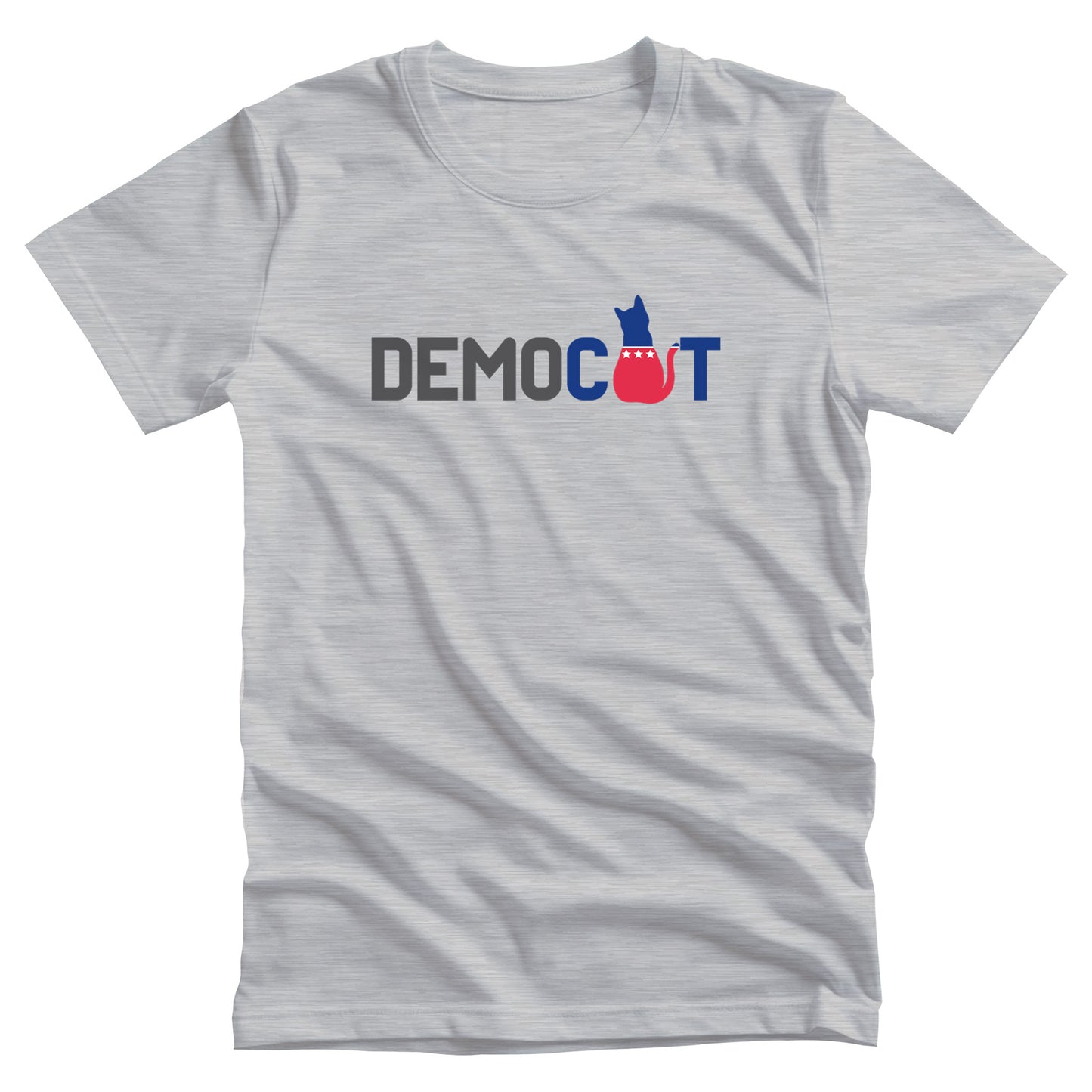 Athletic Heather color unisex t-shirt that says “DEMOCAT.” The “A” is an illustration of a cat that’s blue at the top and red at the bottom.