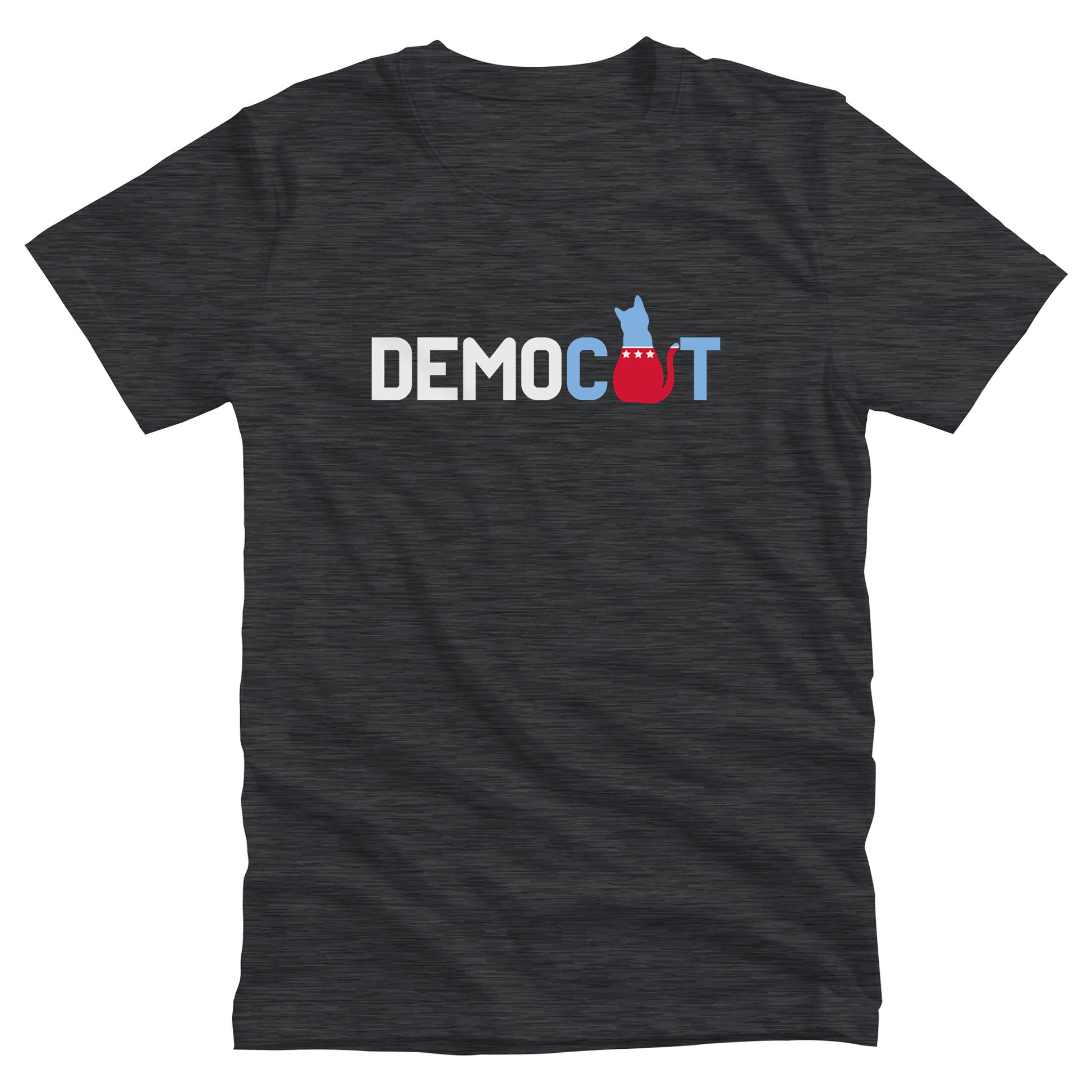 Dark Grey Heather color unisex t-shirt that says “DEMOCAT.” The “A” is an illustration of a cat that’s blue at the top and red at the bottom.