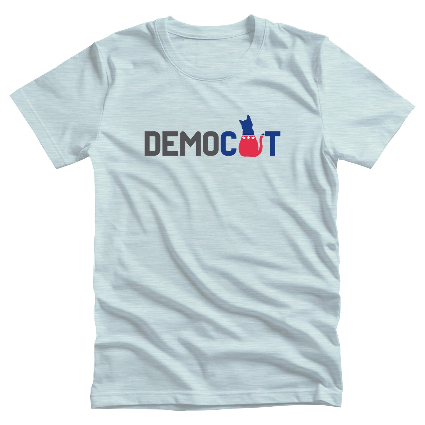 Heather Ice Blue color unisex t-shirt that says “DEMOCAT.” The “A” is an illustration of a cat that’s blue at the top and red at the bottom.