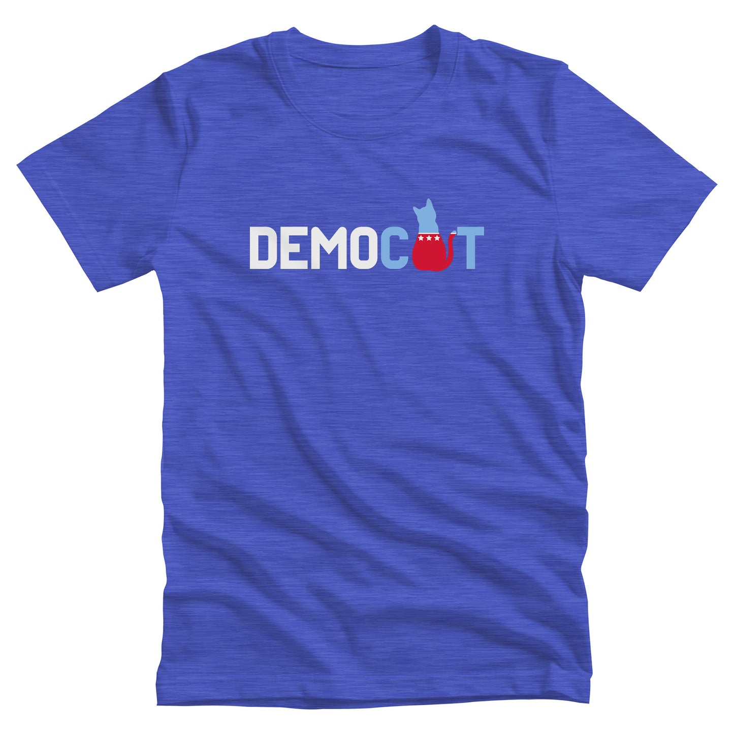 Heather True Royal color unisex t-shirt that says “DEMOCAT.” The “A” is an illustration of a cat that’s blue at the top and red at the bottom.