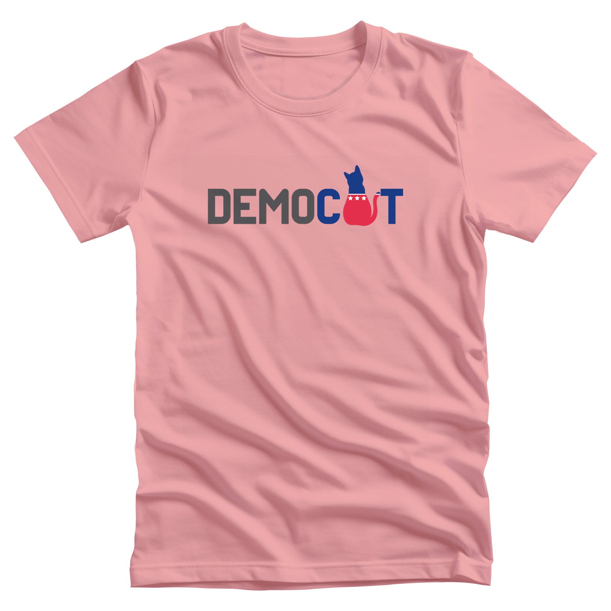 Pink color unisex t-shirt that says “DEMOCAT.” The “A” is an illustration of a cat that’s blue at the top and red at the bottom.