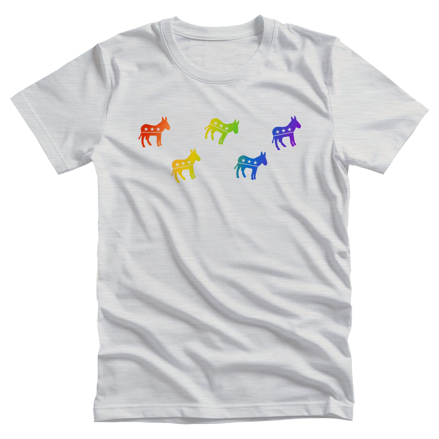 Ash color unisex t-shirt with 5 democrat donkey icons in a rainbow-gradient color. The images are all at different angles with three donkeys in a semi-row and two donkey’s in between them on the next line.