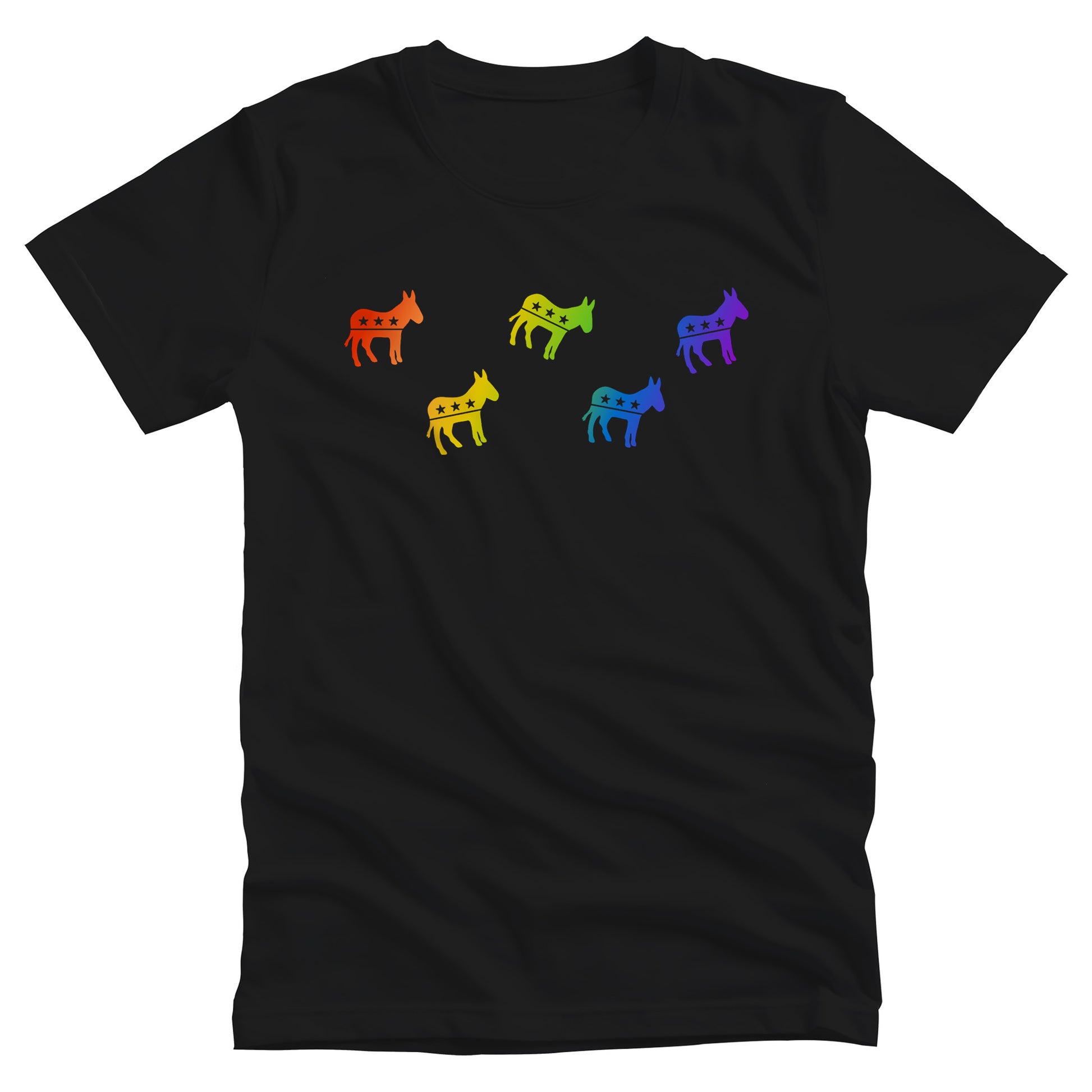 Black unisex t-shirt with 5 democrat donkey icons in a rainbow-gradient color. The images are all at different angles with three donkeys in a semi-row and two donkey’s in between them on the next line.