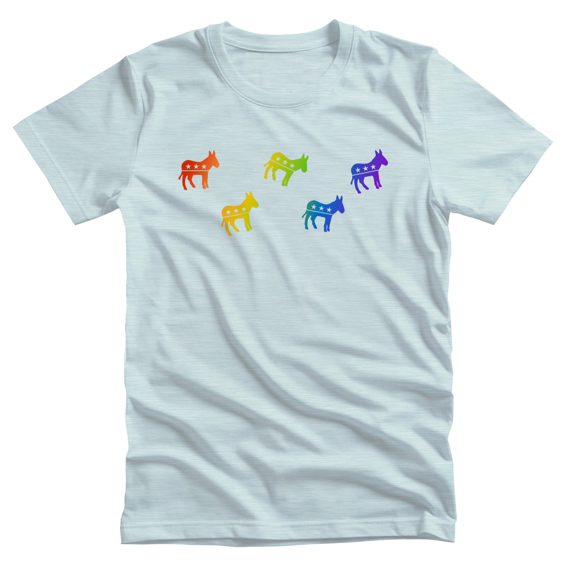 Heather Ice Blue color unisex t-shirt with 5 democrat donkey icons in a rainbow-gradient color. The images are all at different angles with three donkeys in a semi-row and two donkey’s in between them on the next line.