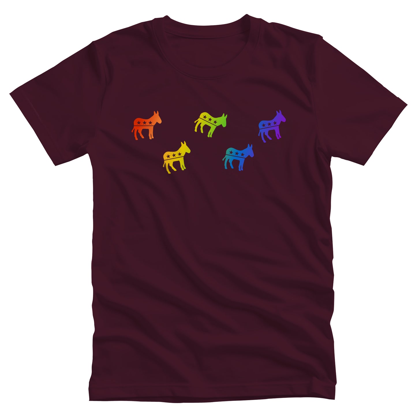 Maroon unisex t-shirt with 5 democrat donkey icons in a rainbow-gradient color. The images are all at different angles with three donkeys in a semi-row and two donkey’s in between them on the next line.