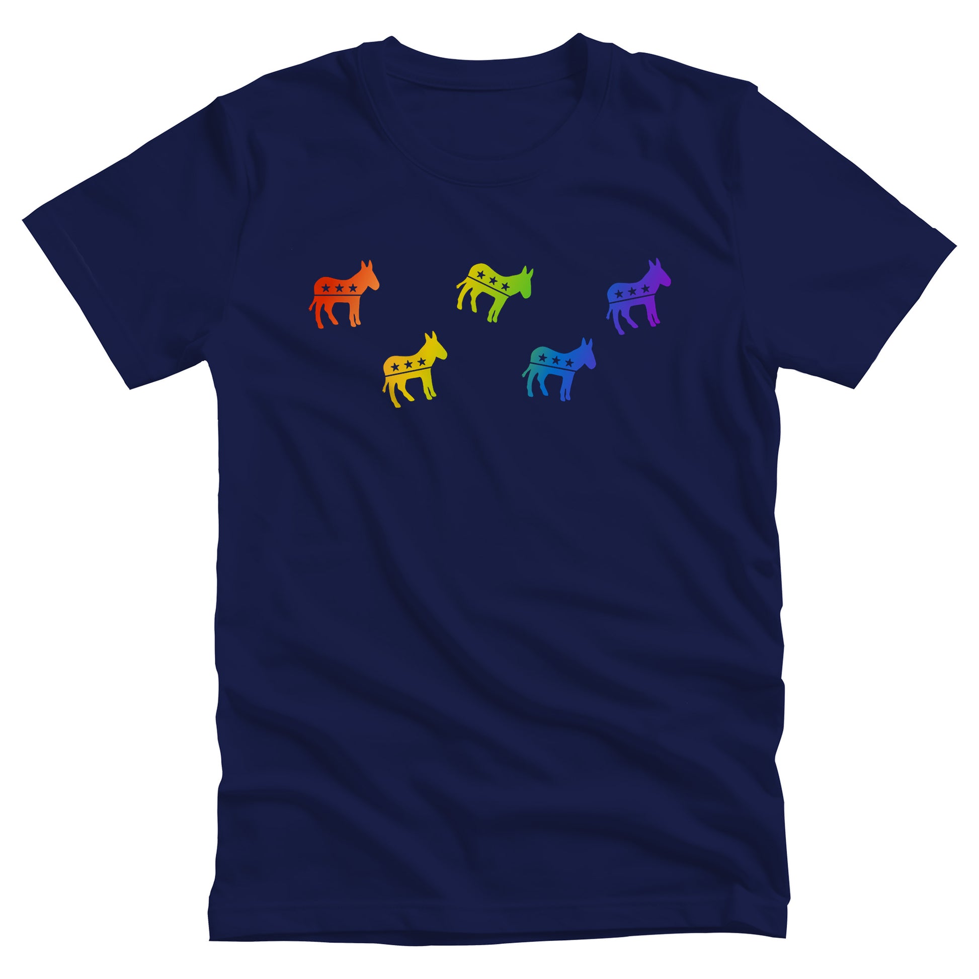 Navy Blue unisex t-shirt with 5 democrat donkey icons in a rainbow-gradient color. The images are all at different angles with three donkeys in a semi-row and two donkey’s in between them on the next line.