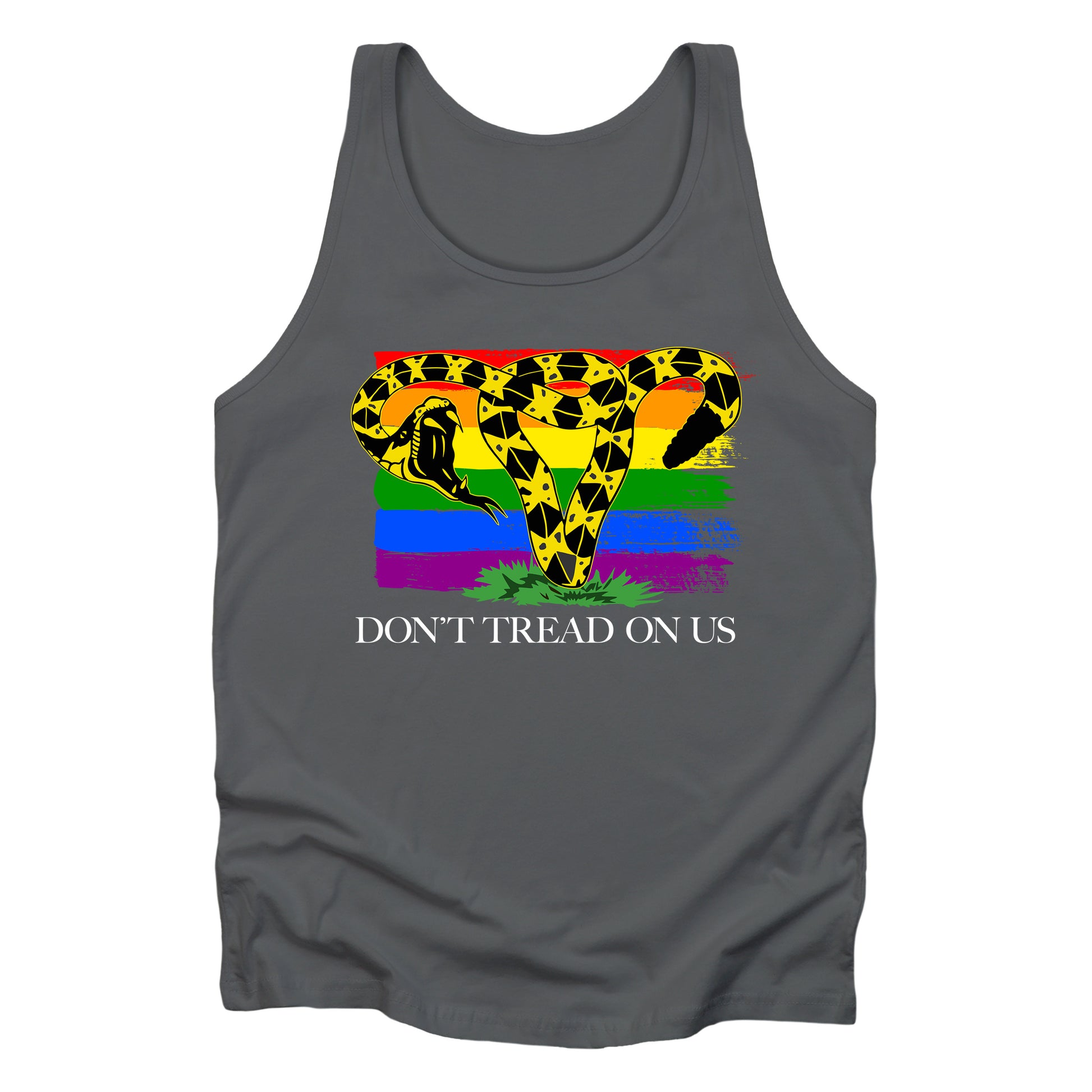 Asphalt color unisex tank top with the “Don’t tread on me” snake redrawn into the shape of a uterus. A rainbow flag is painted in the background. Underneath the image reads “Don’t tread on us” in all caps.