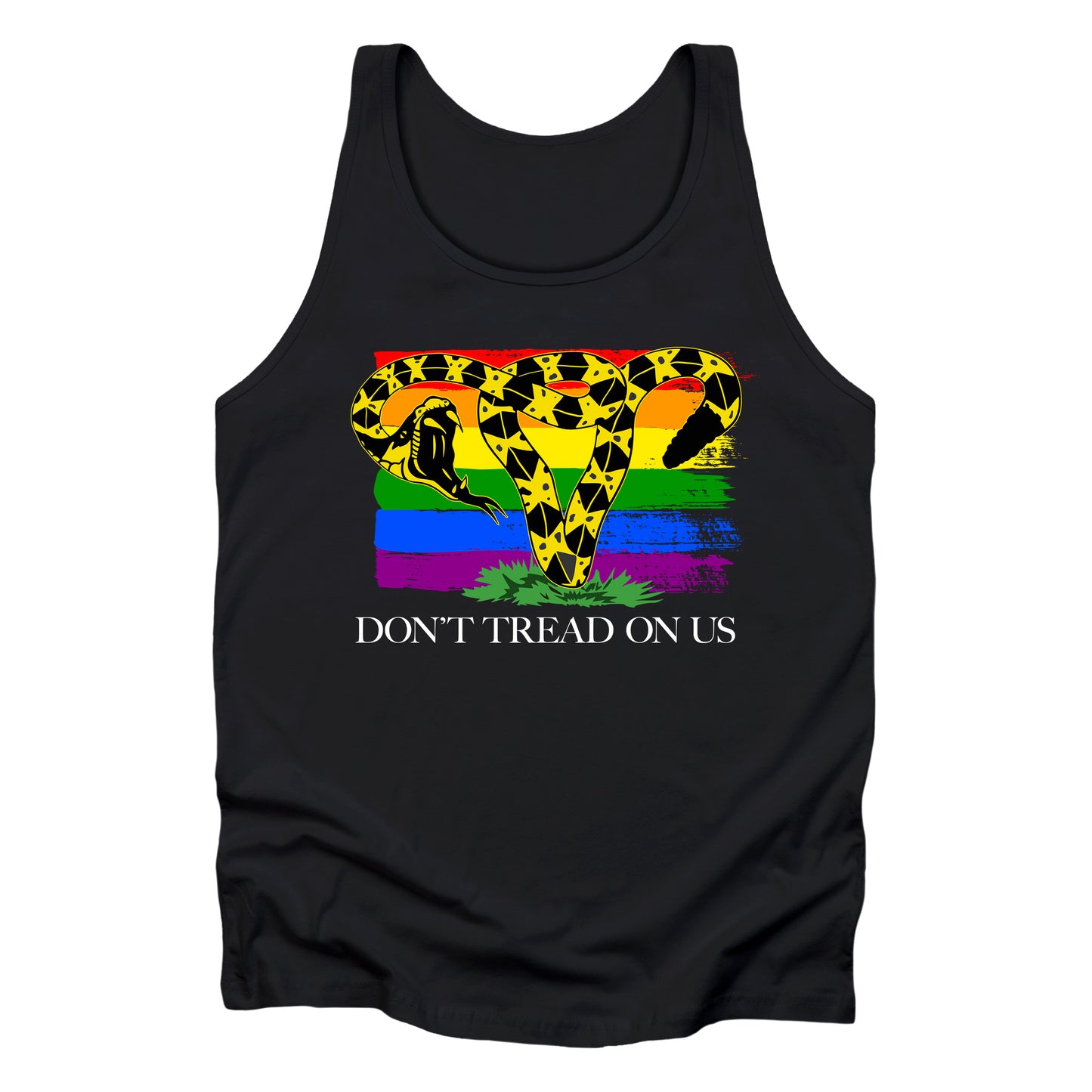 Black unisex tank top with the “Don’t tread on me” snake redrawn into the shape of a uterus. A rainbow flag is painted in the background. Underneath the image reads “Don’t tread on us” in all caps.