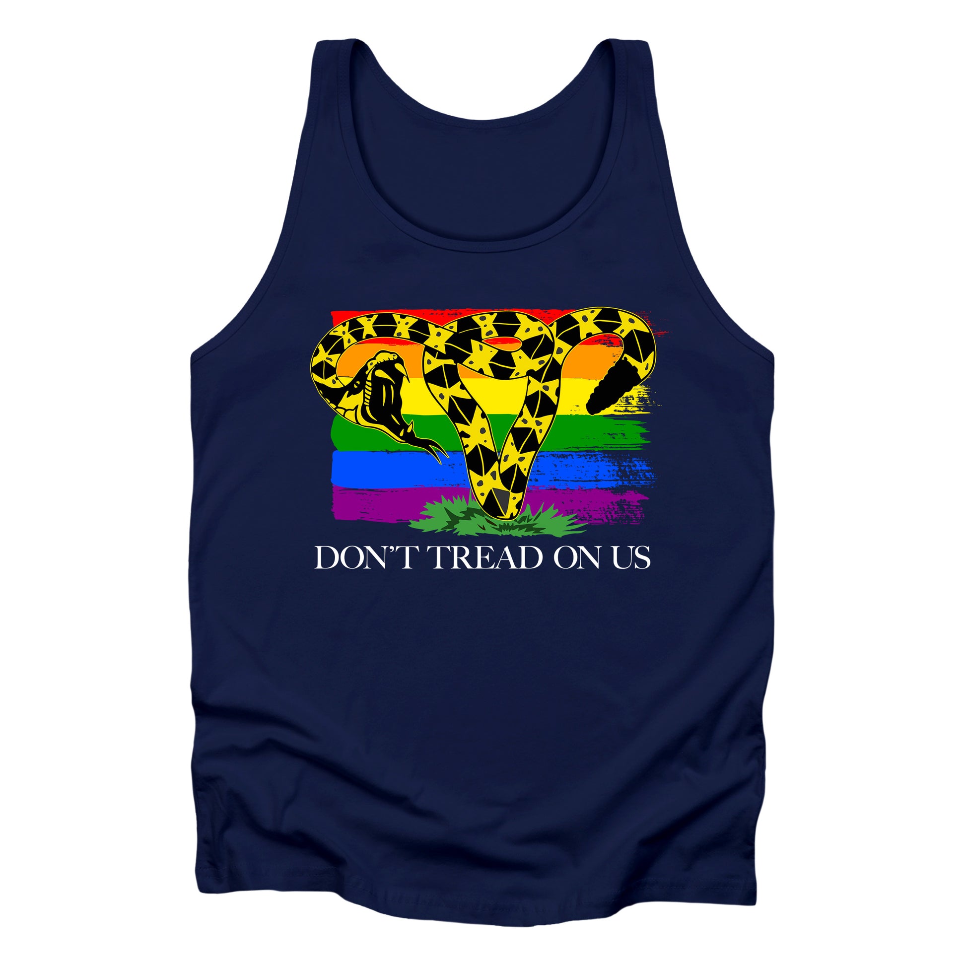 Navy blue unisex tank top with the “Don’t tread on me” snake redrawn into the shape of a uterus. A rainbow flag is painted in the background. Underneath the image reads “Don’t tread on us” in all caps.