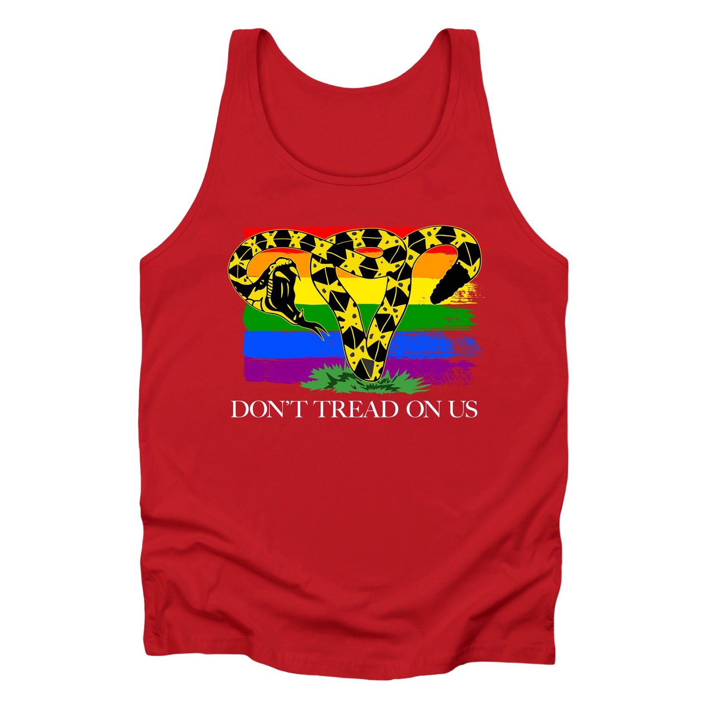 Red color unisex tank top with the “Don’t tread on me” snake redrawn into the shape of a uterus. A rainbow flag is painted in the background. Underneath the image reads “Don’t tread on us” in all caps.