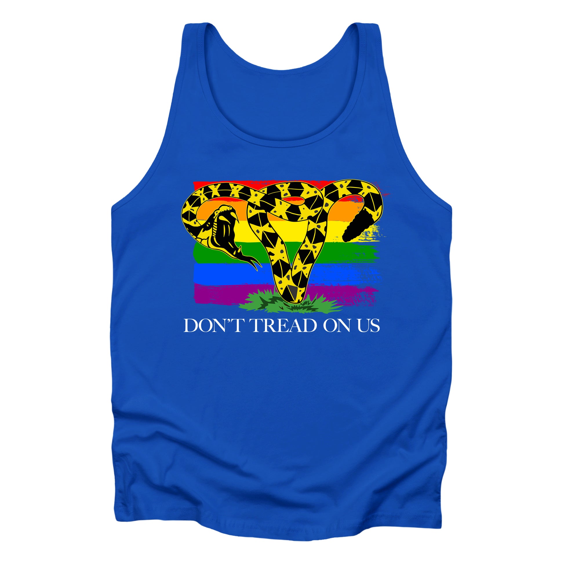True Royal color unisex tank top with the “Don’t tread on me” snake redrawn into the shape of a uterus. A rainbow flag is painted in the background. Underneath the image reads “Don’t tread on us” in all caps.