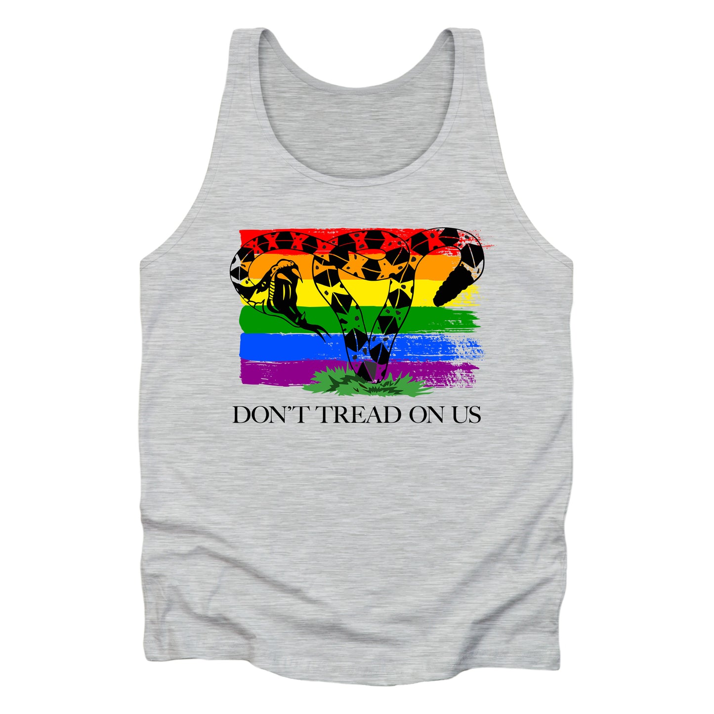 Athletic Heather unisex tank top with the “Don’t tread on me” snake redrawn into the shape of a uterus. A rainbow flag is painted in the background. Underneath the image reads “Don’t tread on us” in all caps.
