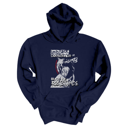 Navy Blue color hoodie featuring the phrase 'Embrace Coexistence or Brace for Resistance' in a grunge font. The shirt includes an illustration of a cat meowing loudly with a small crown to the right, adding to the grunge aesthetic. Small red letters along the left side of the cat's face, written vertically say, ‘Kindness is revolutionary' in all caps.