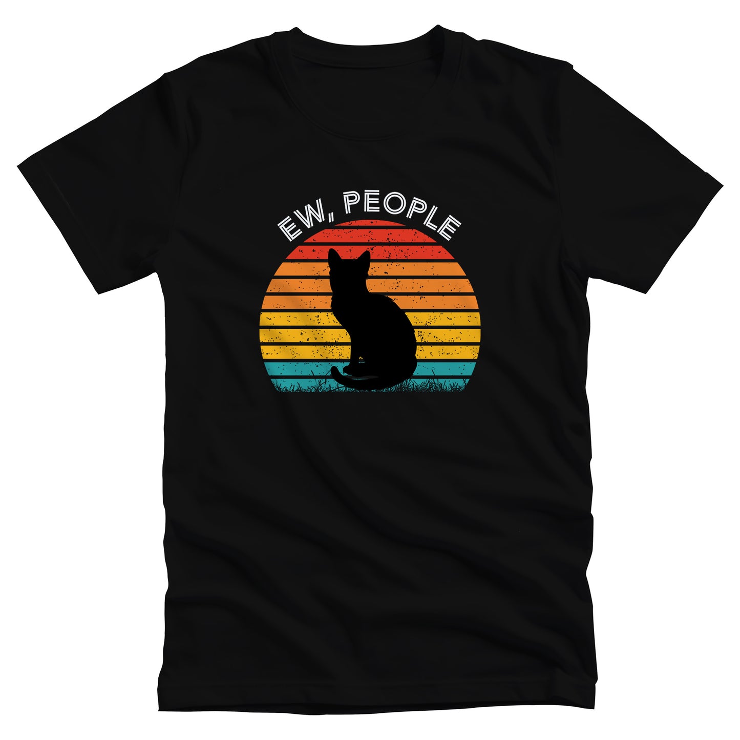 Black unisex t-shirt that says, “Ew People” in all caps. The text is arched over a circular image of a sunset that’s made up of horizontal lines. There is a silhouette of a black cat over the graphic.