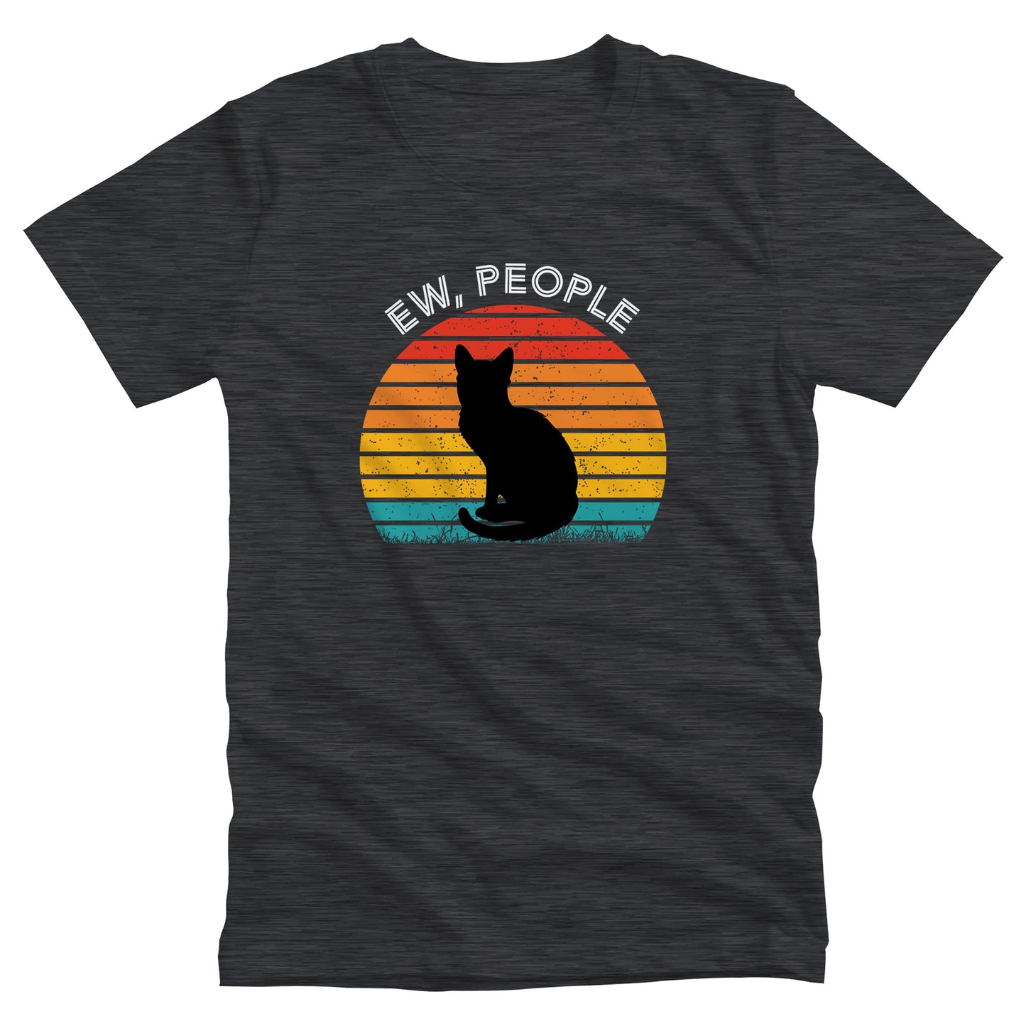 Dark Grey Heather color unisex t-shirt that says, “Ew People” in all caps. The text is arched over a circular image of a sunset that’s made up of horizontal lines. There is a silhouette of a black cat over the graphic.