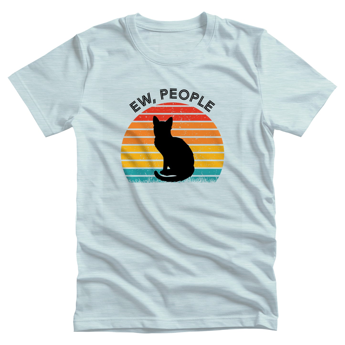 Heather Ice Blue color unisex t-shirt that says, “Ew People” in all caps. The text is arched over a circular image of a sunset that’s made up of horizontal lines. There is a silhouette of a black cat over the graphic.