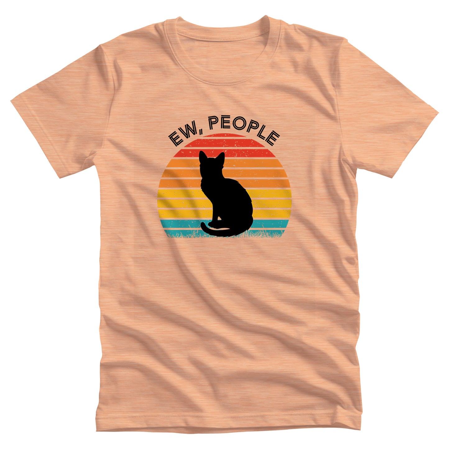 Heather Peach color unisex t-shirt that says, “Ew People” in all caps. The text is arched over a circular image of a sunset that’s made up of horizontal lines. There is a silhouette of a black cat over the graphic.