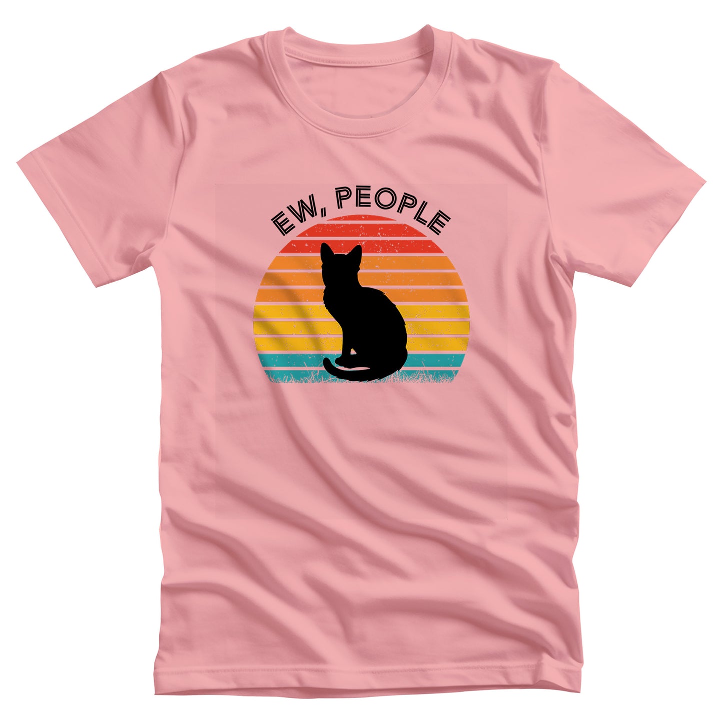 Pink unisex t-shirt that says, “Ew People” in all caps. The text is arched over a circular image of a sunset that’s made up of horizontal lines. There is a silhouette of a black cat over the graphic.