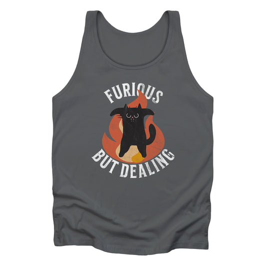 Asphalt unisex tank top that says “Furious but dealing” in all caps. The word “furious” is arched over an image of an angry black cat standing up on its hind legs with its arms spread with a large flame behind it. “But Dealing” is arched the opposite way underneath the graphic. The graphic is retro-inspired with a worn look.