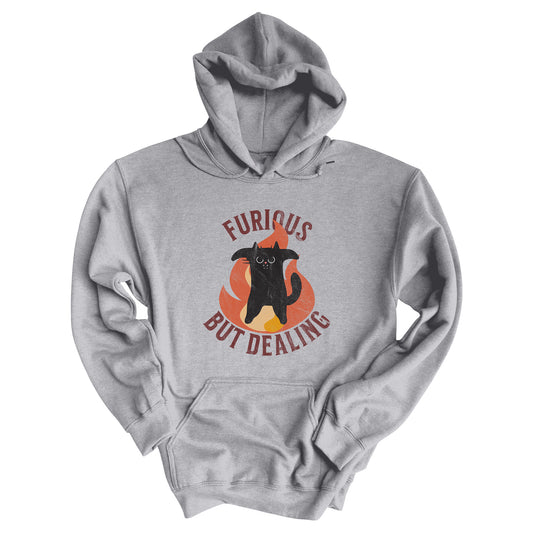 Athletic Heather color unisex hoodie with a graphic of an angry cat standing on its hind legs with its arms spread. There is an illustration of a fire behind it. The text reads “Furious but dealing” in all caps with “Furious” being arched over the top and “but dealing”  arched under the bottom. 