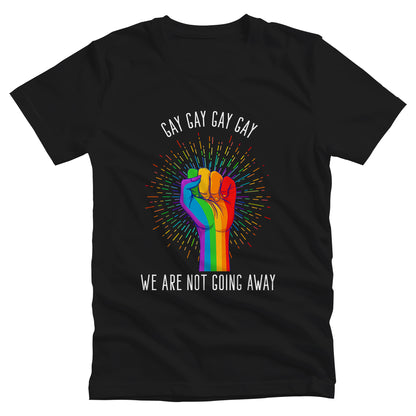 Black color unisex t-shirt that says, “Gay Gay Gay Gay We Are Not Going Away” with a graphic of a rainbow fist with a thin, rainbow-colored starburst behind it. Arched over the top of the starburst are the words “Gay Gay Gay Gay” in all caps. The rest of the text is beneath the graphic on one horizontal line.